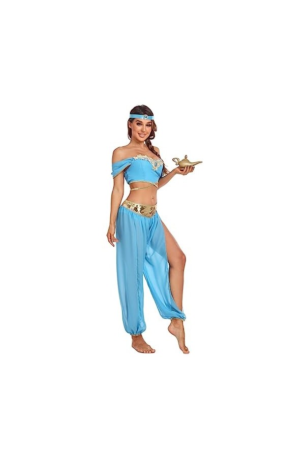 TRACYCY Déguisement Princesse Jasmine Femme Cosplay Aladdin Jasmine Princesse Haut et Pantalon avec Coiffe 3 Pièces Set Latin