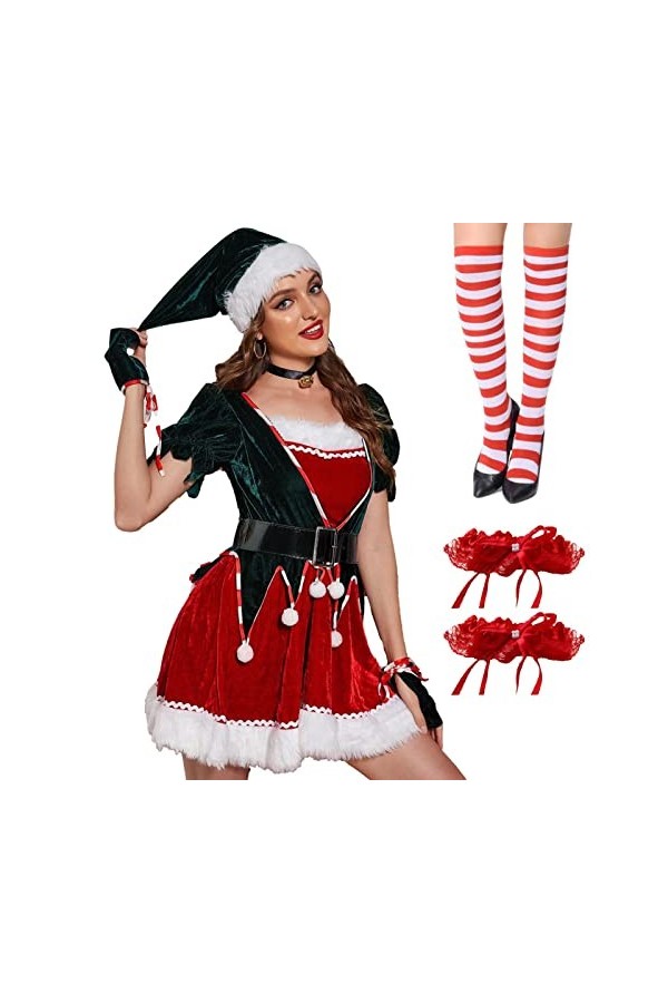 Père Noël Sexy,Costume delfe Noël avec Ceinture - Claus Santa Velvet Costume pour Les Fêtes Holiday Dress Up Costume Accesso
