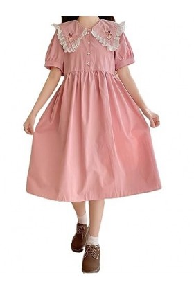 ZYSWCHB Robe dété Femmes Robe Douce été col Claudine Rose Blanc Robe de Broderie Florale Robes à Volants Color : Pink, Size