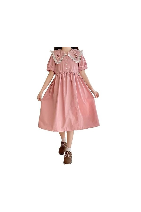 ZYSWCHB Robe dété Femmes Robe Douce été col Claudine Rose Blanc Robe de Broderie Florale Robes à Volants Color : Pink, Size