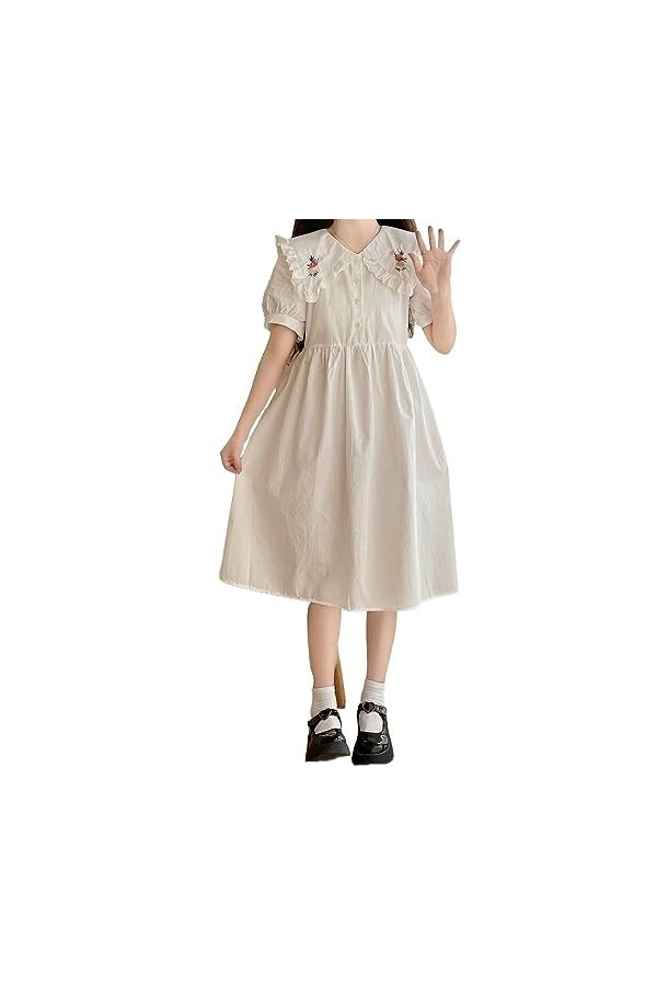 ZYSWCHB Robe dété Femmes Robe Douce été col Claudine Rose Blanc Robe de Broderie Florale Robes à Volants Color : Pink, Size