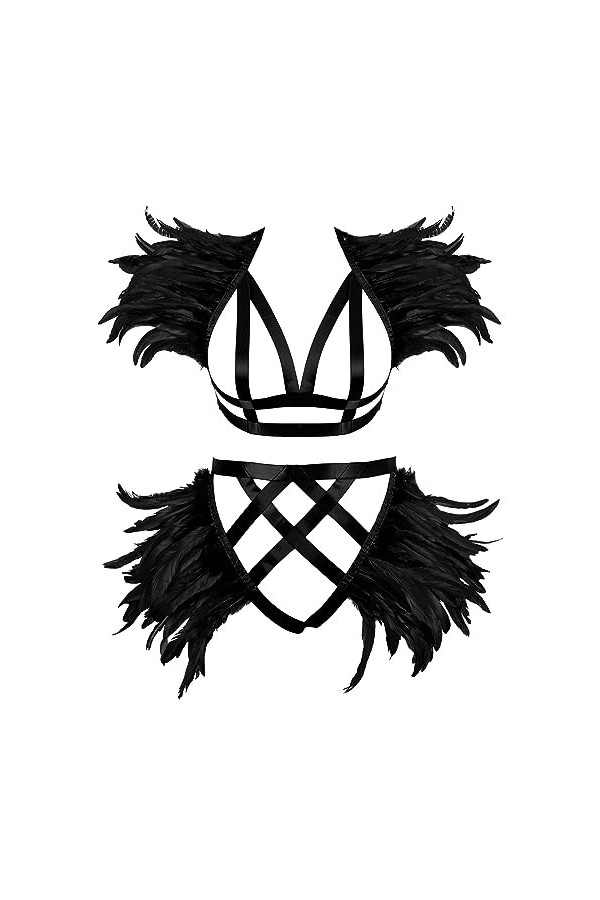 JMMHSS Plus Size Feather Body Belt Bra set Goth garter ceinture élastique réglable à la taille accessoires carnaval Noir 