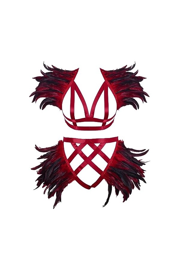 JMMHSS Plus Size Feather Body Belt Bra set Goth garter ceinture élastique réglable à la taille accessoires carnaval Noir 