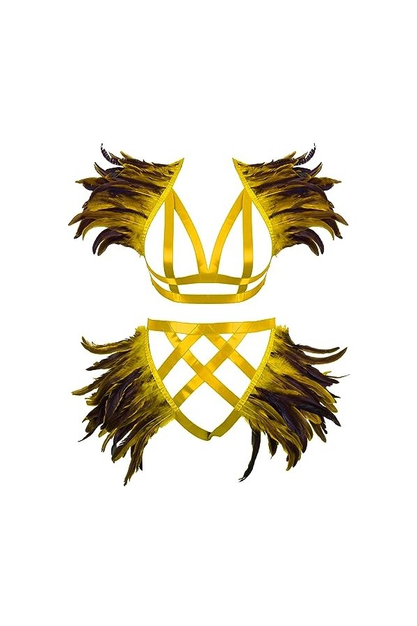 JMMHSS Plus Size Feather Body Belt Bra set Goth garter ceinture élastique réglable à la taille accessoires carnaval Noir 