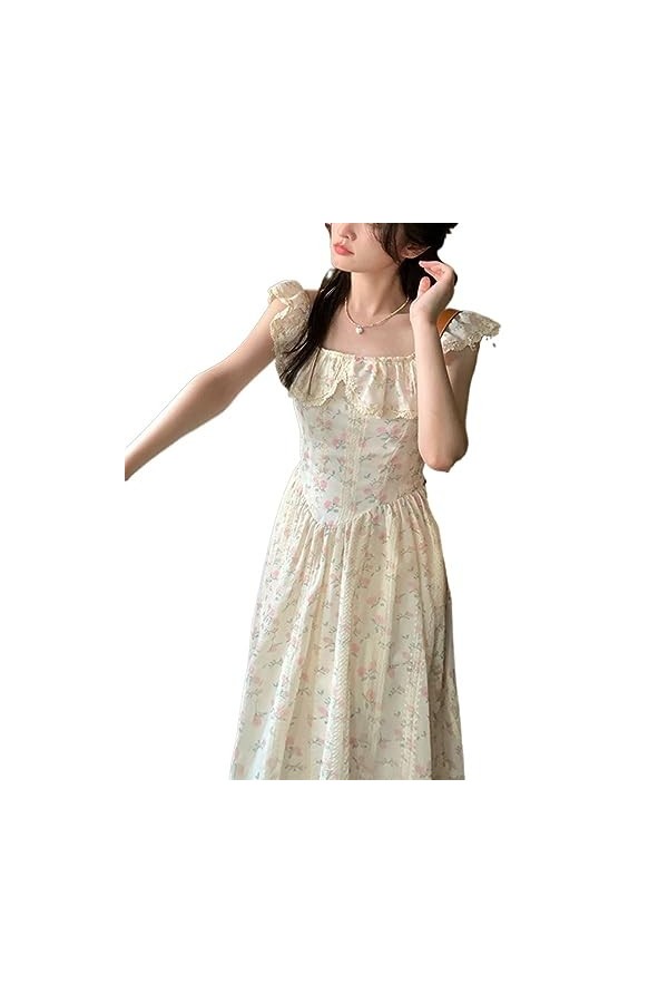 ZYSWCHB Robe dété Robe mi-Longue brodée de Fleurs pour Femmes, col carré, Volants, Manches Volantes, Robes Longues Color : 