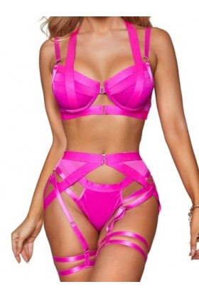 Kaei&Shi Ensemble de lingerie sexy, soutien-gorge harnais, culotte découpée, opaque, rose fluorescent, 14-16