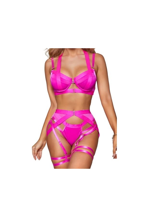 Kaei&Shi Ensemble de lingerie sexy, soutien-gorge harnais, culotte découpée, opaque, rose fluorescent, 14-16