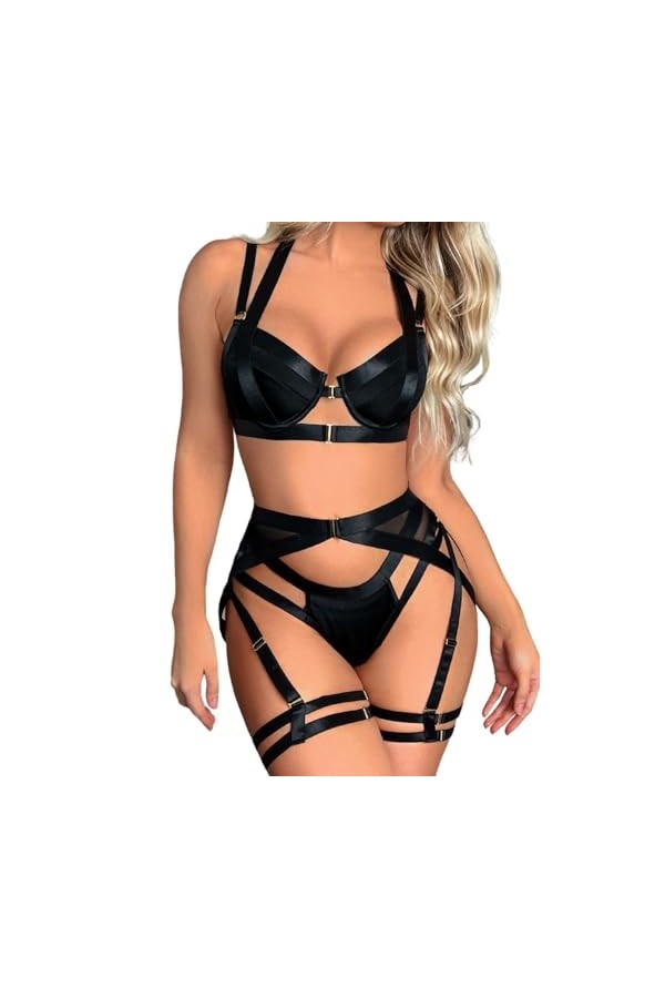 Kaei&Shi Ensemble de lingerie sexy, soutien-gorge harnais, culotte découpée, opaque, rose fluorescent, 14-16