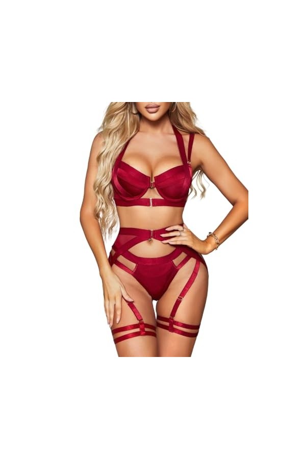 Kaei&Shi Ensemble de lingerie sexy, soutien-gorge harnais, culotte découpée, opaque, rose fluorescent, 14-16