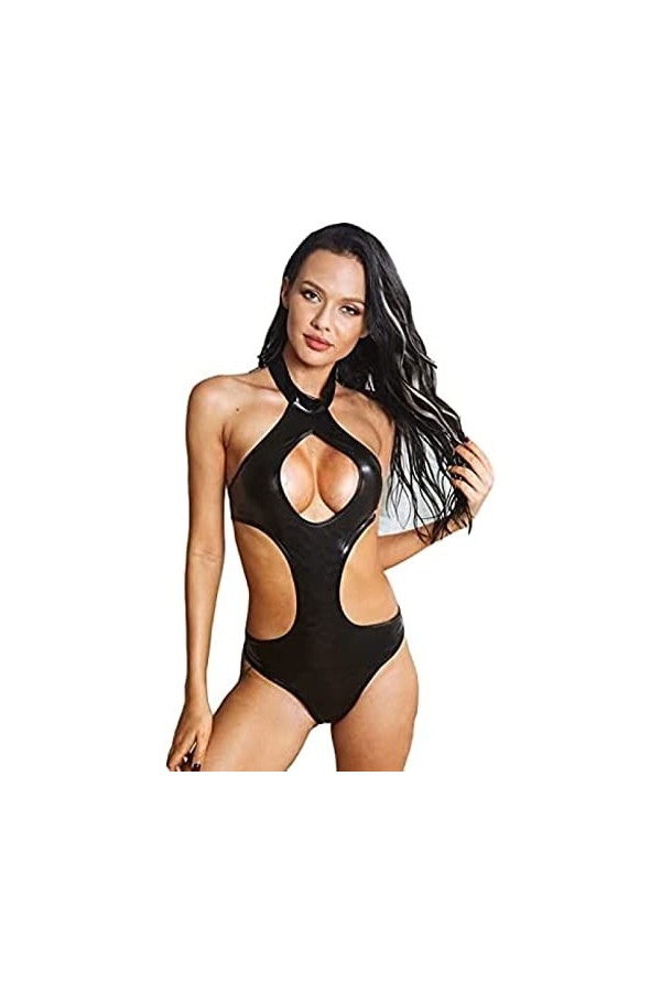 Justaucorps Moulant Pour Femmes Sexy Pour Les Discothèques Performance Catsuit Buste Ouvert Faux Cuir,Noir,Grand