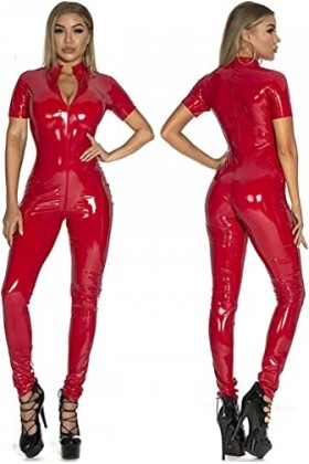 SHENGANG Women Patent Leather PU Leather Mirror Sexy Lingerie Leather Bodysuit Shiny Slimming Short Sleeve Catwoman Cosplay C