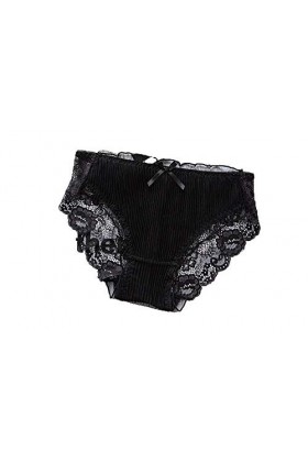Fusmaker Sexy Lingerie Princesse Fan Transparent Taille Basse Culotte Arc en Dentelle Plissée Triangle Panties,Noir,3Pieces
