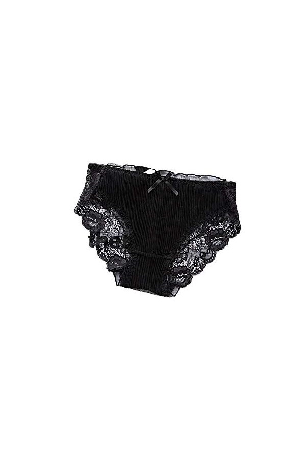 Fusmaker Sexy Lingerie Princesse Fan Transparent Taille Basse Culotte Arc en Dentelle Plissée Triangle Panties,Noir,3Pieces