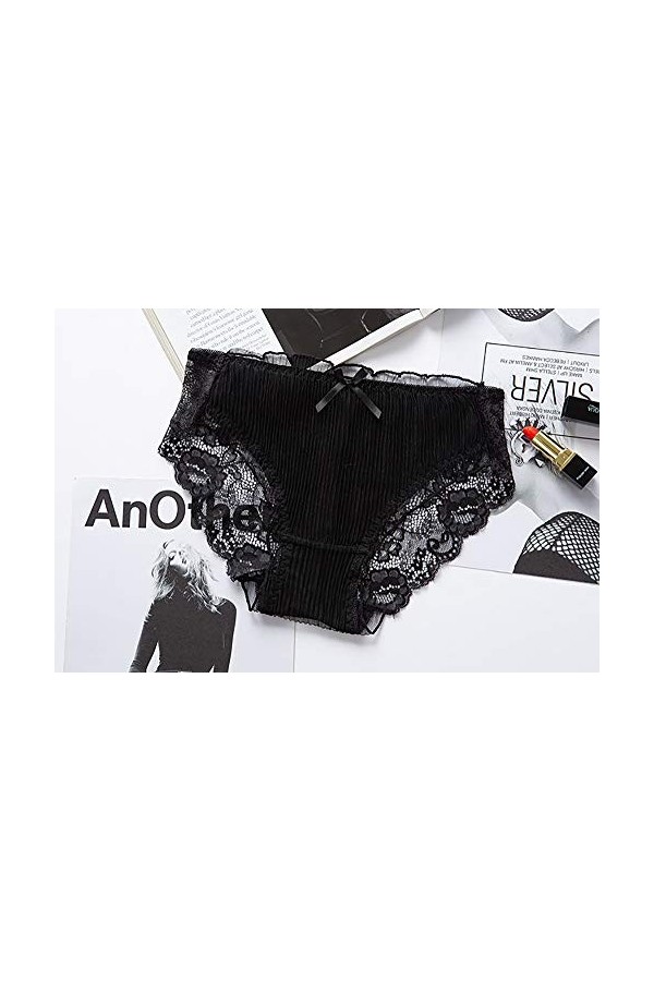 Fusmaker Sexy Lingerie Princesse Fan Transparent Taille Basse Culotte Arc en Dentelle Plissée Triangle Panties,Noir,3Pieces