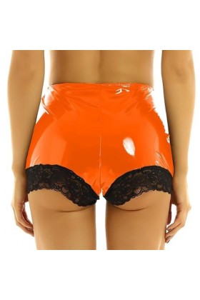 JQYTEN Femmes Dentelle Bord Patchwork Maigre Mini Short en Cuir Taille Élastique Sexy Danse Clubwear PVC Shorts Plus La Taill