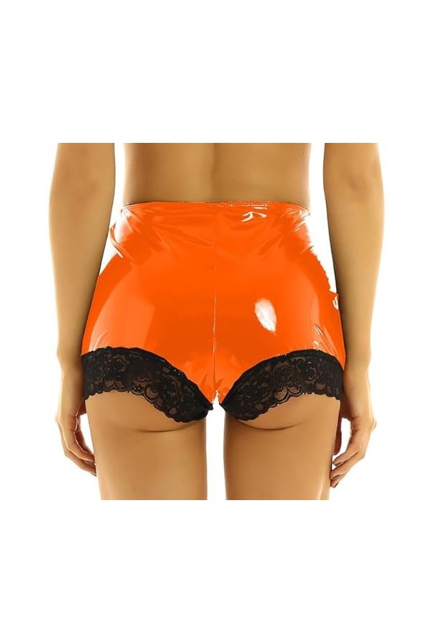 JQYTEN Femmes Dentelle Bord Patchwork Maigre Mini Short en Cuir Taille Élastique Sexy Danse Clubwear PVC Shorts Plus La Taill