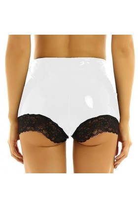JQYTEN Femmes Dentelle Bord Patchwork Maigre Mini Short en Cuir Taille Élastique Sexy Danse Clubwear PVC Shorts Plus La Taill