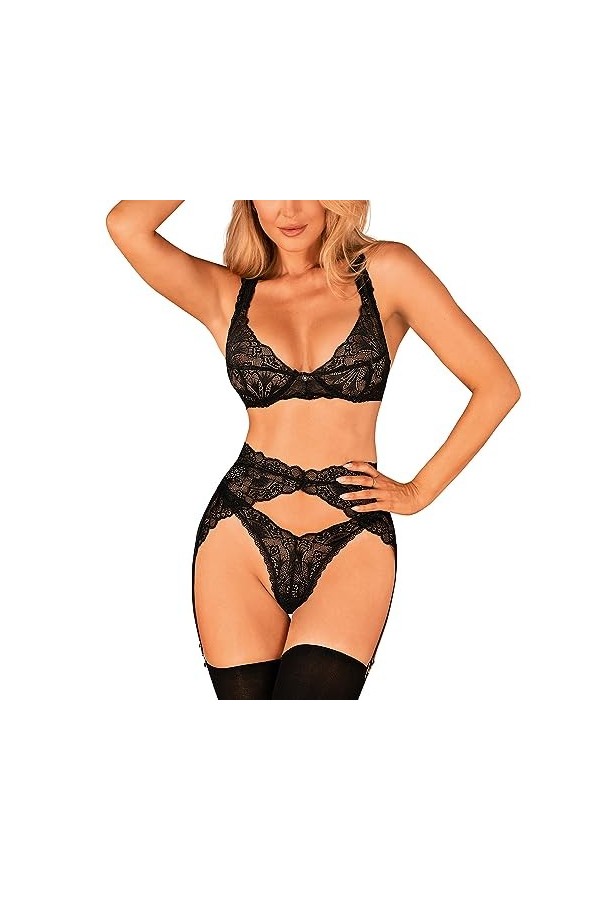 Obsessive Soutien-Gorge + String + Porte-Jarretelles Donna Dream 3-Pcs Set, Noir,XL-2XL
