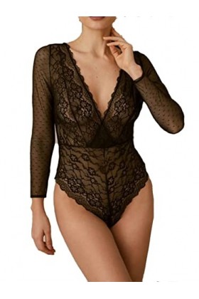 Body Femme en Dentelle à Manches Longues Noir L4926 - Promise, Taille S :, Taille unique