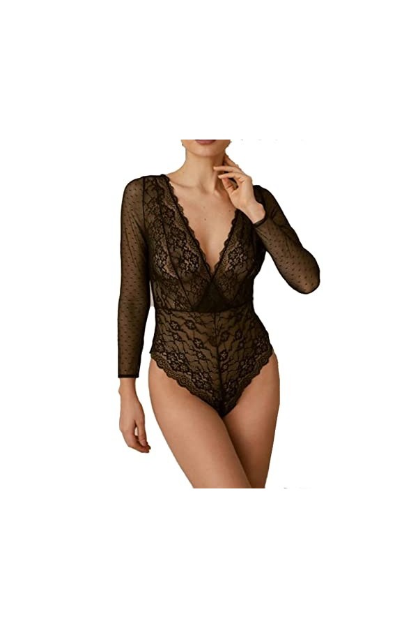 Body Femme en Dentelle à Manches Longues Noir L4926 - Promise, Taille S :, Taille unique