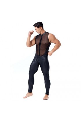 DCIUSTFHE Hommes Sexy Cuir Verni sans Manches Transparent Mailles Patchwork Bodysuit Boîte De Nuit Bar DS Costume Costumes De