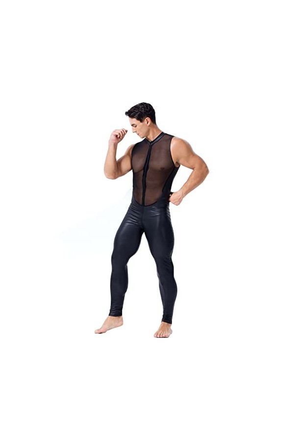 DCIUSTFHE Hommes Sexy Cuir Verni sans Manches Transparent Mailles Patchwork Bodysuit Boîte De Nuit Bar DS Costume Costumes De