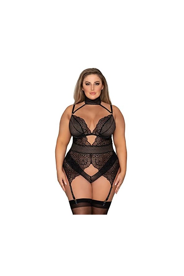 Dreamgirl Ensemble de Jarretelles en Zig-zag Lingerie, Noir, 3X Plus Femme