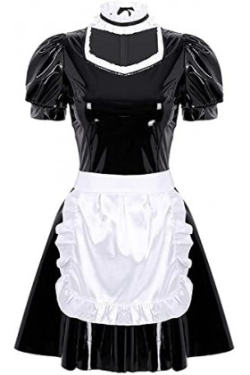 YYAN Look Humide de FreeBily Femmes PVC Costume de ménage français en Cuir Sexy Halloween Cosplay Robe Fantaisie Color : Bla