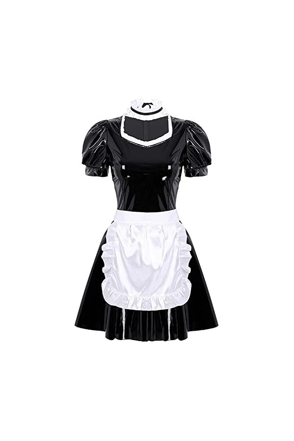YYAN Look Humide de FreeBily Femmes PVC Costume de ménage français en Cuir Sexy Halloween Cosplay Robe Fantaisie Color : Bla