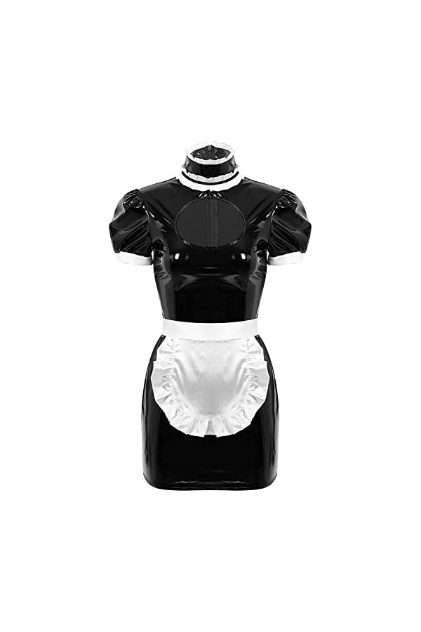 YYAN Look Humide de FreeBily Femmes PVC Costume de ménage français en Cuir Sexy Halloween Cosplay Robe Fantaisie Color : Bla