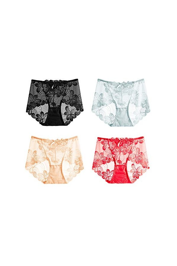 SLDAGe Culottes Femme,Culotte Mi-Taille en Dentelle Culotte Triangle Transparente en Maille Transparente Transparente Pack 4,