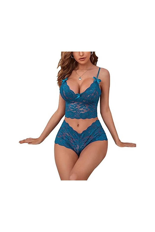 Lilosy Ensemble de lingerie sexy en dentelle florale transparente taille haute soutien-gorge et culotte 2 pièces, Noeuds Papi