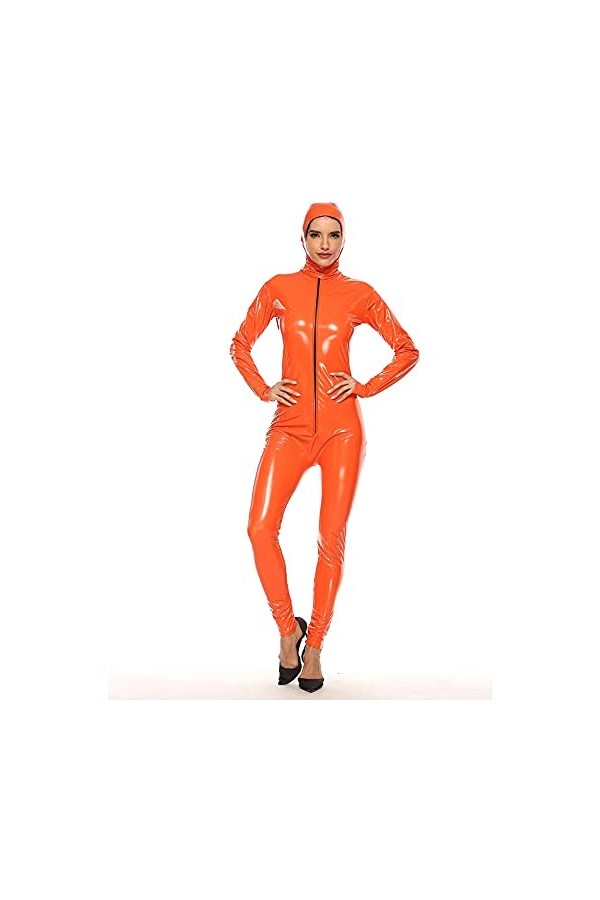 JustaucorpsCuir Lingerie Clubwear Costume,Avec Catsuit Fermeture Éclair Femmes Combinaison Body,Orange,XL