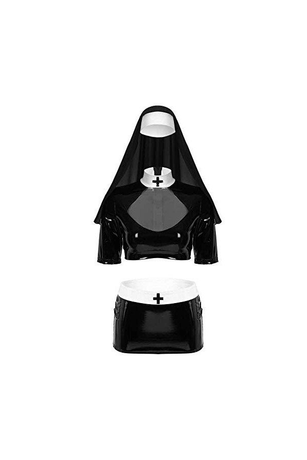 GWSFQ Lingerie Femmes Cosplay Costume Halloween Fantaisie Roleplay Outfit Demi Manches Crop Top Jupe Sexy-Noir_M