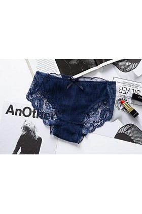 Fusmaker Sexy Lingerie Princesse Fan Transparent Taille Basse Culotte Arc en Dentelle Plissée Triangle Panties,Darkblue,3Piec