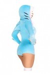 Leg Avenue Comfy Shark, features ultra-soft velvet plush zip up romper with fish zipper pull, fin detail, and teeth hood