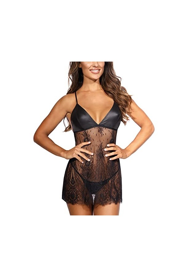 Axami Set De Lingerie Nuisette + String Ensemble Séduisant V-9789, Noir,L