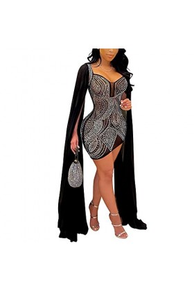 JUNBOON Robe midi sexy en maille transparente avec fermeture éclair et strass pour femme, 2-Noir, Taille S