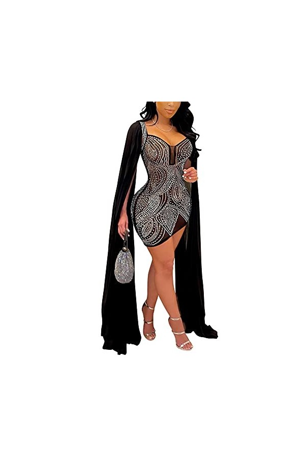 JUNBOON Robe midi sexy en maille transparente avec fermeture éclair et strass pour femme, 2-Noir, Taille S