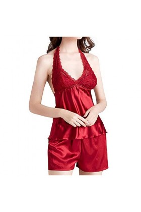 KSDFIUHAG Sexe Et Sensualité Lingerie Lingerie Sexy Vêtements De Nuit Faux Soie Femmes Pyjamas Ensemble Halter sans Manches e