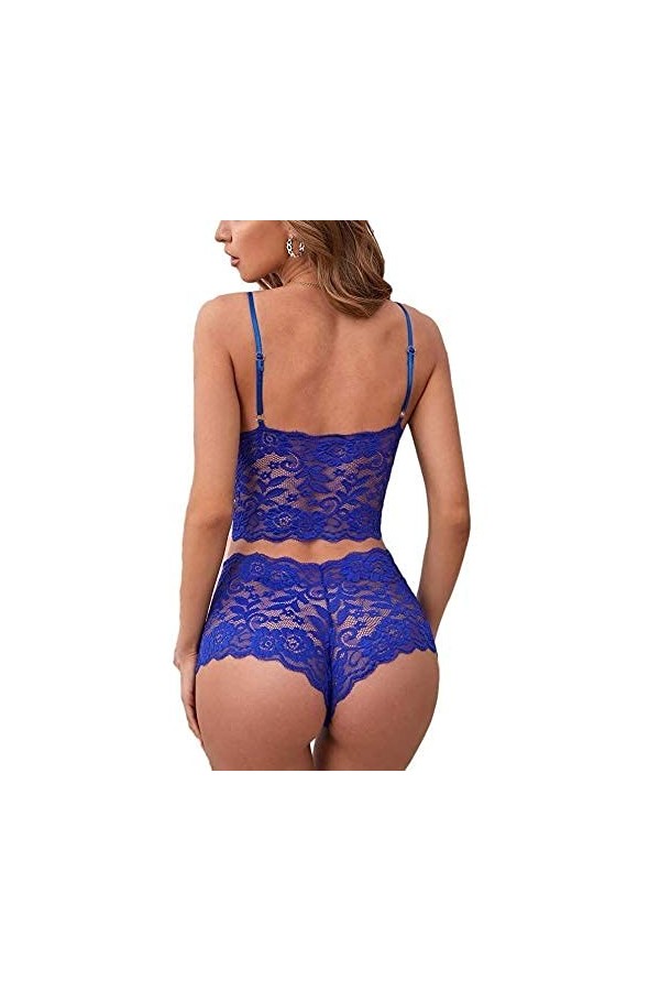 Lilosy Ensemble de lingerie sexy en dentelle florale transparente taille haute soutien-gorge et culotte 2 pièces, Noeuds Papi