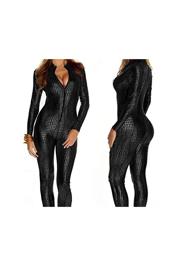 LHMYHHH Combinaison en Cuir Élégant Body Avant Fermeture Éclair Pôle Danse Lingerie pour Femmes Double Fermeture Éclair Ouver