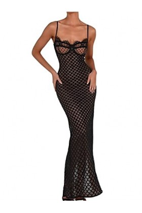KWIXUK Polka Lace Mesh Sheer Party Dress Robe de soirée for Les Femmes élégantes Sexy Backless Split Maxi Robes Color : Blac