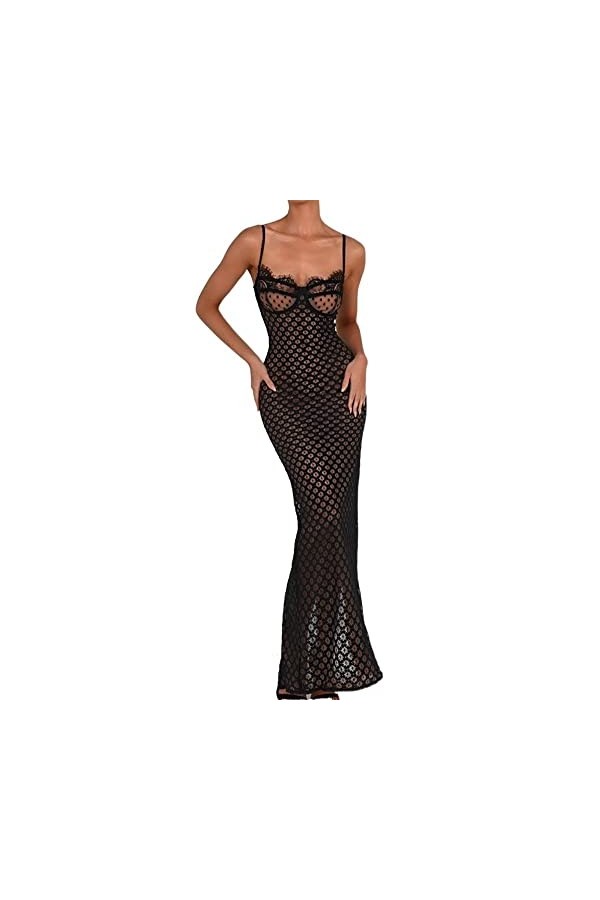 KWIXUK Polka Lace Mesh Sheer Party Dress Robe de soirée for Les Femmes élégantes Sexy Backless Split Maxi Robes Color : Blac