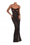 KWIXUK Polka Lace Mesh Sheer Party Dress Robe de soirée for Les Femmes élégantes Sexy Backless Split Maxi Robes Color : Blac