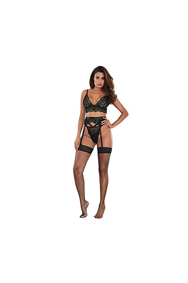 Lingerie Sexy Femme Soutien-Gorge Trois Points Sexy et Sexy en Dentelle Maille Creuse + Porte-Jarretelles + String Costume Tr