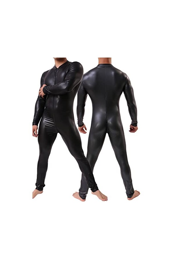 DCIUSTFHE Hommes Sexy Cuir Verni Noir Fermeture Éclair Manches Longues Bodysuit Boîte De Nuit Bar À Vin DS Jeu De Rôle Costum