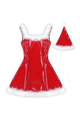 Costume de Père Noël sans manches pour femme avec bordure en plumes blanches et chapeau Rouge Taille S