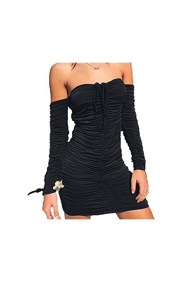 Robe Plissée À Cordon, Jupe Courte Ajustable À Manches Longues pour Le Printemps Et Lété, Jupe Sexy À La Hanche,Noir,Medium