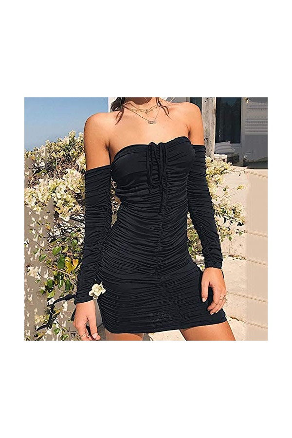Robe Plissée À Cordon, Jupe Courte Ajustable À Manches Longues pour Le Printemps Et Lété, Jupe Sexy À La Hanche,Noir,Medium